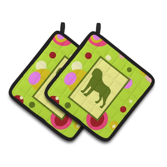 Carolines Treasures CK1092PTHD Lime Green Dots Saint Bernard Pair of Pot Holders  7.5HX7.5W multicolor