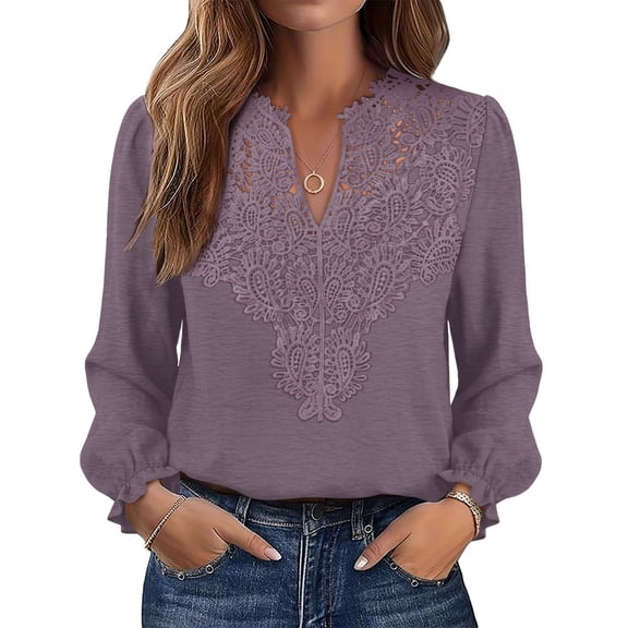 WIHOLL Blouses for Women Lace V Neck Long Sleeve Shirt Boho Dressy Casual Fall Tops Mocha Grey Purple