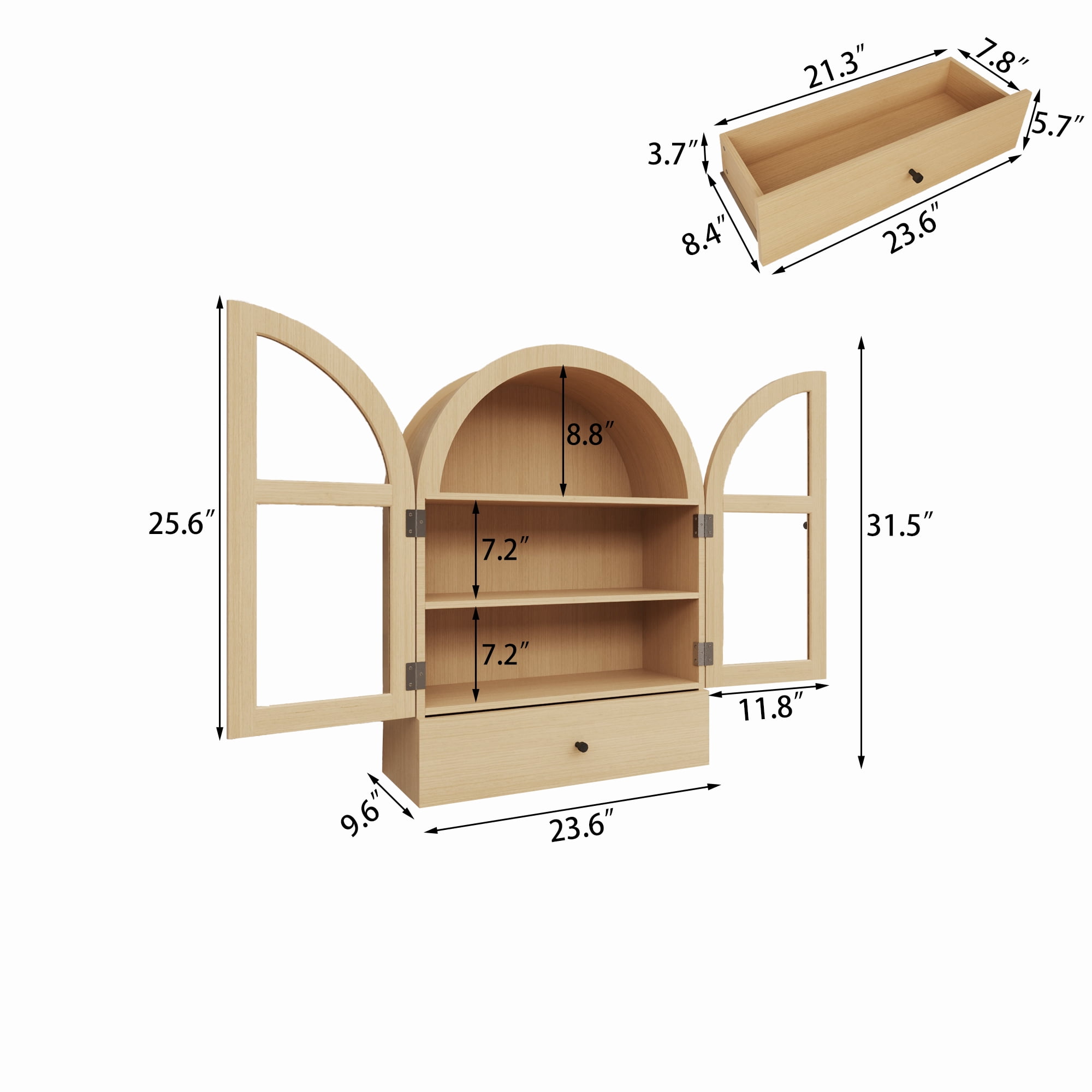 Bathroom Arched Wall Cabinet Over The Toilet Storage Cabinet, Bathroom Cabinet Wall Mount with Glass Doors, Wood Cabinet for Laundry Room, Bedroom Kitchen, Natural