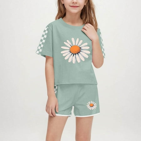 Tdoqot Girls Outfit Sets 2 Piece- Casual Cute Short Sleeve Soft T Shirts and Shorts Kids Clothes Army Green Size 12