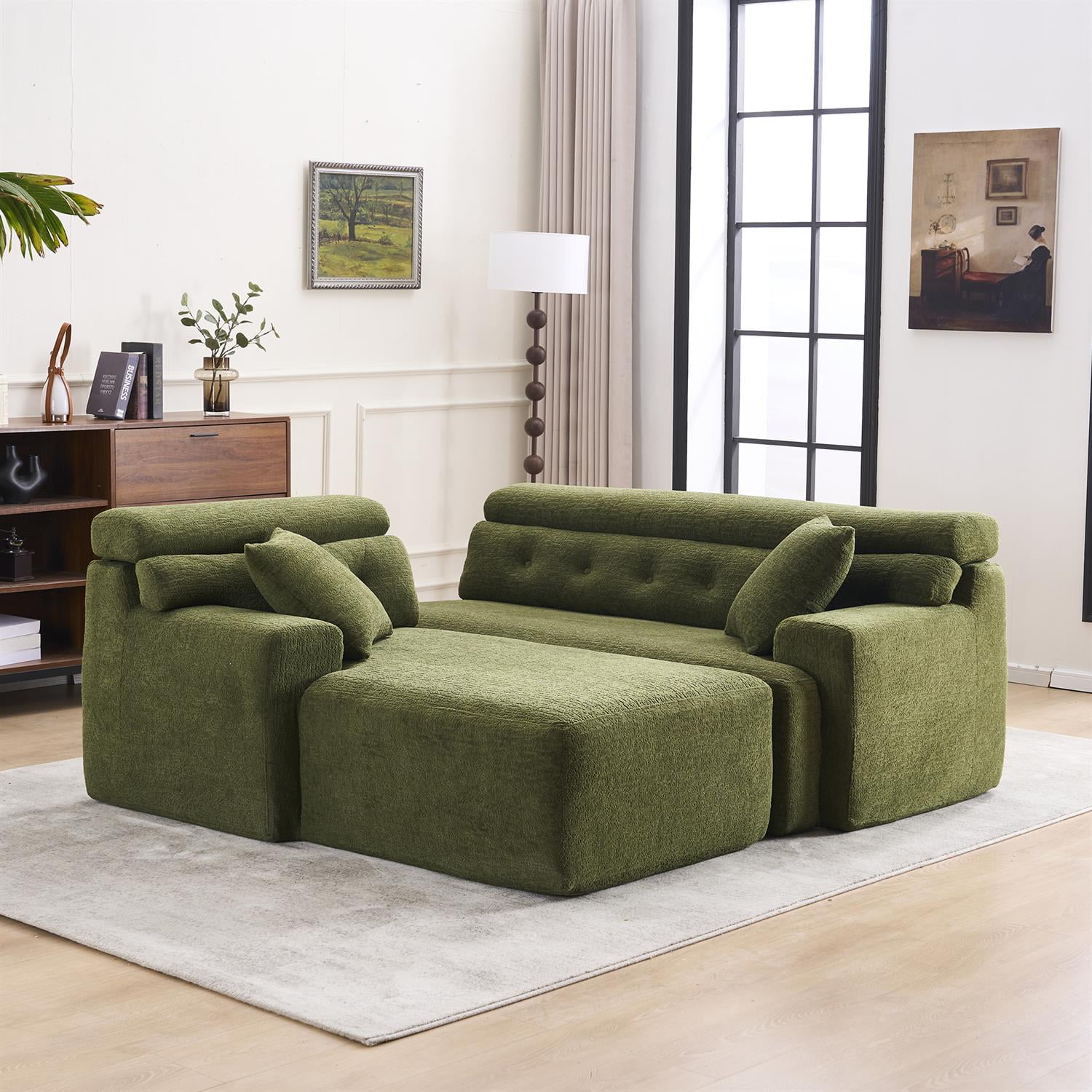 Demi Bonn 105" Modern L-Shaped Sectional Sofa, 3-Seater Couch with Chaise Lounge, 2 Accent Pillows, Wood Grain Chenille Fabric for Living Rooms, Green