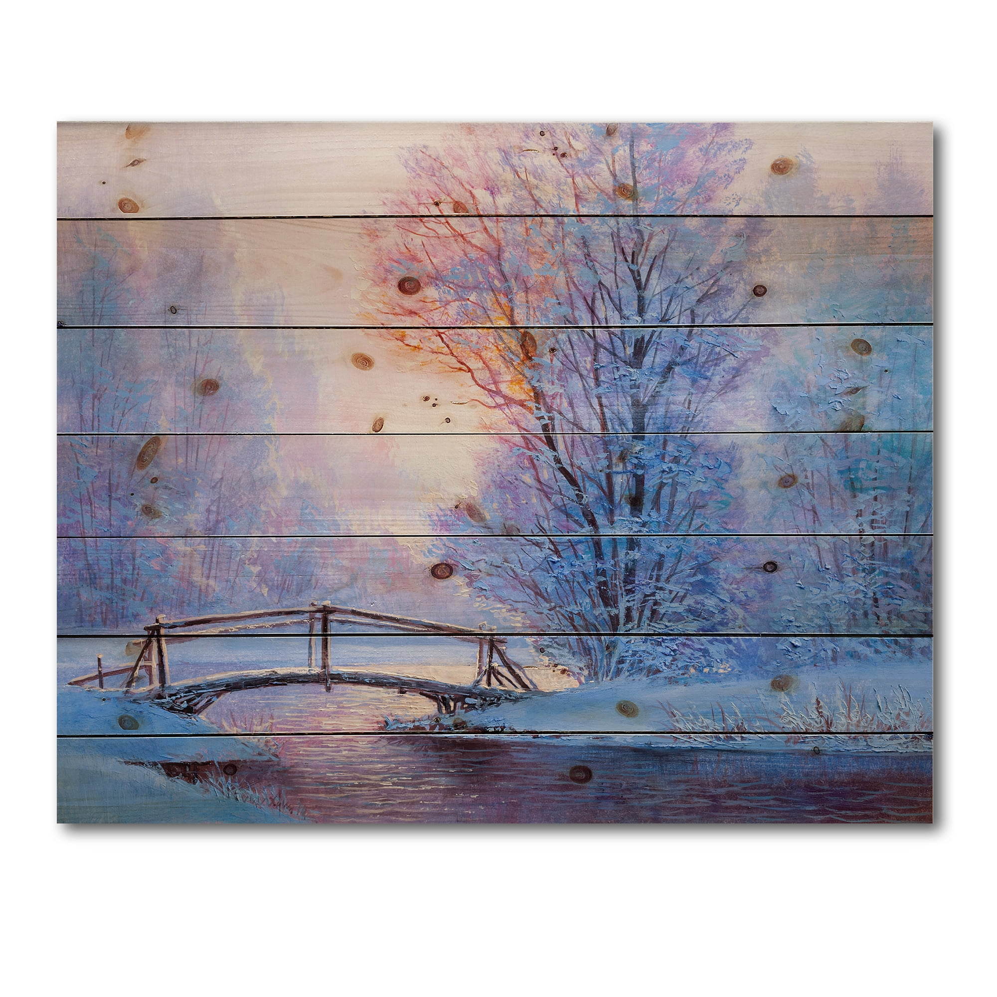 Designart 'Winter Landscape With A Bridge and A River' Lake House Print on Natural Pine Wood