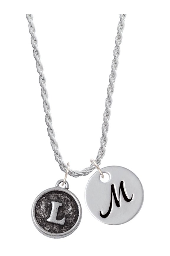 Silvertone Antiqued Round Seal - Initial - L - Silvertone Script Initial Disc - M - Charm Necklace, 20"+3"