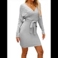 thumbnail image 1 of Vestido Ajustado de Larga para Mujer, Cuello en V, Punto , Aberturas Laterales y Cinturón. Gris M, 1 of 10