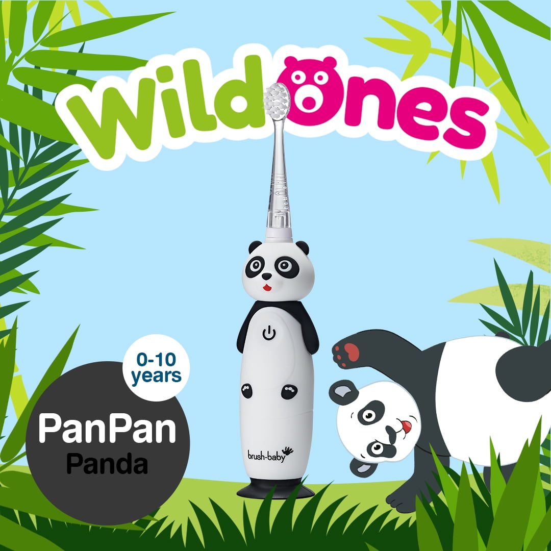 Brush-Baby WildOnes Toddler Electric Rechargeable Toothbrush, Panda Design, 3 Brush Heads, USB Cable