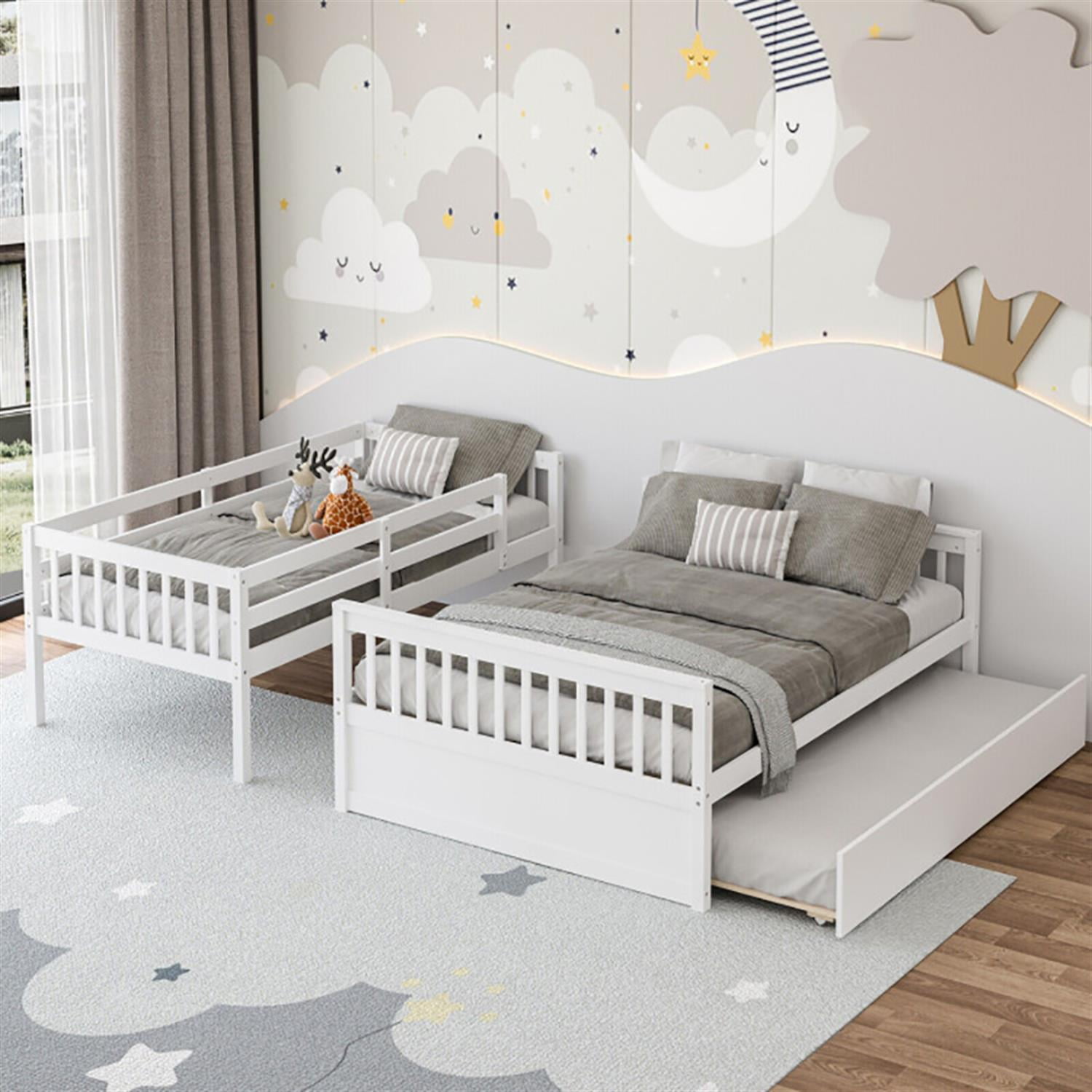 Demi Bonn Twin Pull-Out Bunk Beds with Ladder in the Steps and a Trundle, Full Convertible Bunk Bed Platform, White