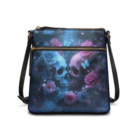 Tutolipy Gothic Skull Rose Pattern Shoulder Crossbody Bag, Waterproof Purse Satchel PU Leather Lightweight Shoulder Bag for Work Daily Use