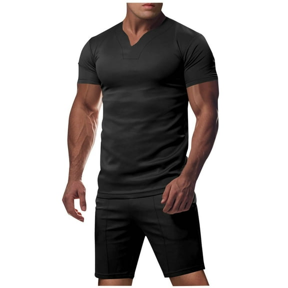 Stamzod Sweat Suits Men Short Sets Outfits 2 Piece Summer Solid Color Short Sleeve Tshirt and Shorts Set Casual Activewear Plus Size Tracksuit for Gym Running Black S