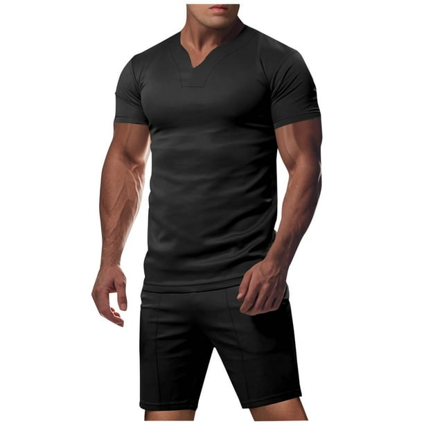 Pantalones de Cordón para Hombre Color Sólido Casual Ejercicio Bolsillo Pantalones Cortos Manga Corta V-Cuello Blusas Conjuntos