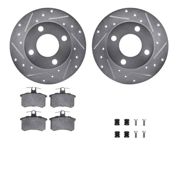 Dynamic Friction Company Rear Brake Rotors-Drilled and Slotted-Silver with 5000 Euro Ceramic Brake Pads includes Hardware 7612-73009