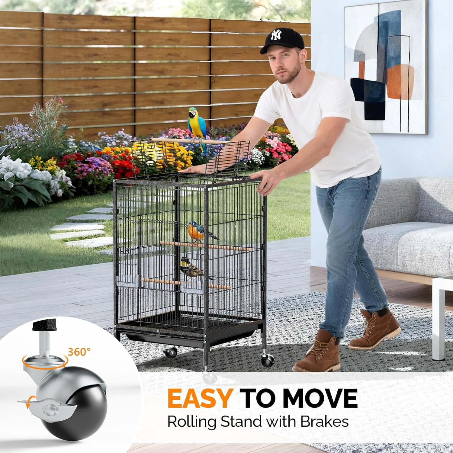 Miemie 38-inch Bird Cage with Wheels, Durable Wrought Iron Parakeet Cage with Slide Out Tray, Black Bird Cages for Parakeets/Cockatiels/Budgies and Other Small/Medium Birds (Medium-38 inch)