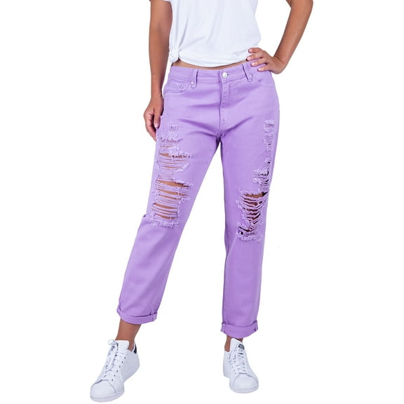 BodiLover, Women's, High Waist Ripped Five Pockets Boyfriend Mom Denim Jeans, Lavender, 3