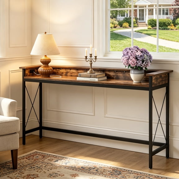 Fnova 70.9" Console Table, Extra Long Sofa Table with Outlets and USB Ports, Industrial Entryway Table with Charging Station, Narrow Hallway Accent Table for Living Room, Hallway, Foyer