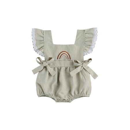 

Douhoow 0-24M Baby Girls Bodysuit Newborn Rainbow Print Lace Ruffles Short Sleeve Backless Jumpsuit