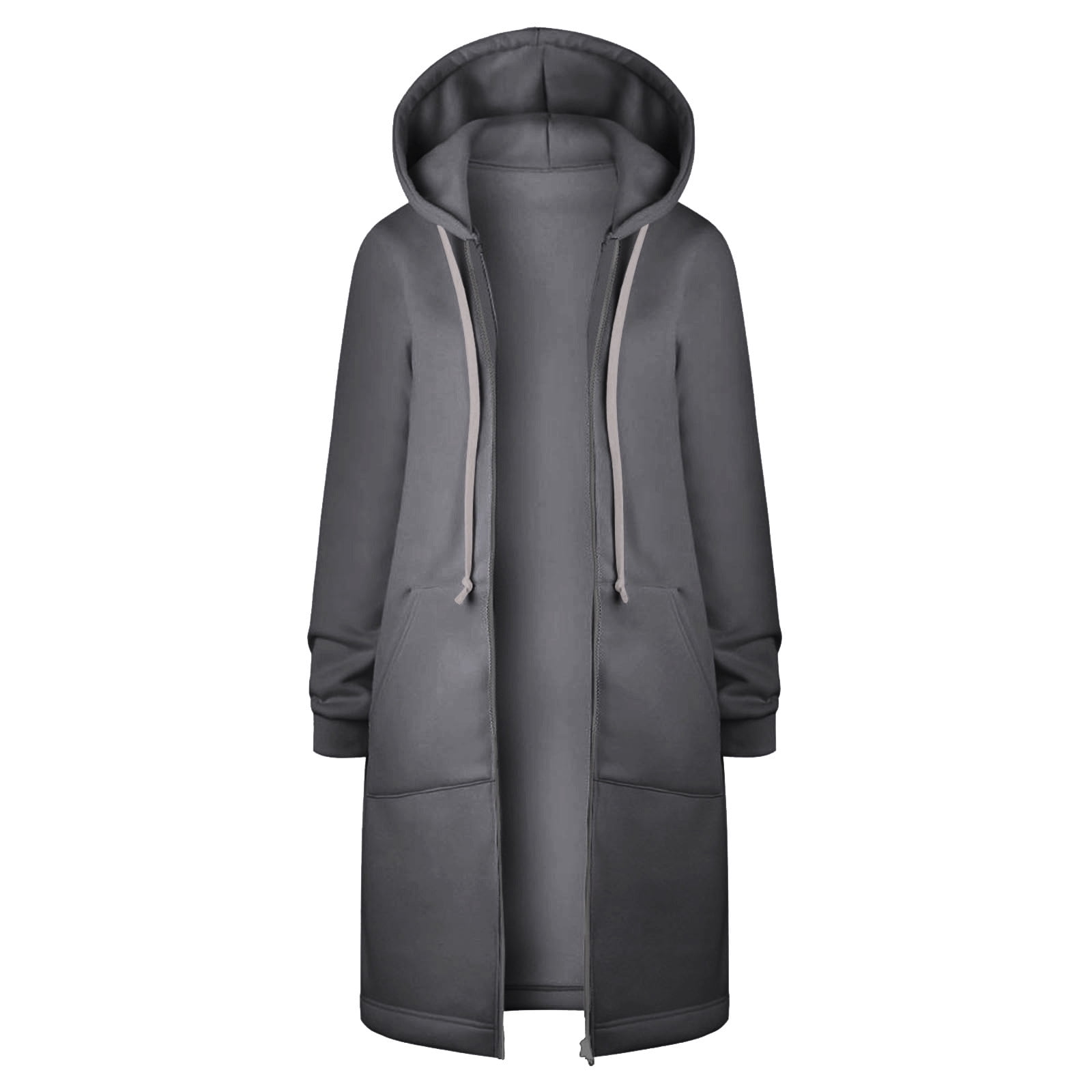 Scyoekwg Long Coats for Women Overcoat Long Sleeve Hooded Neck Coat Solid Color Casual Jacket Plus Fleece Insert Pocket Hooded Zipper Mid Length Sweater Dark Gray S