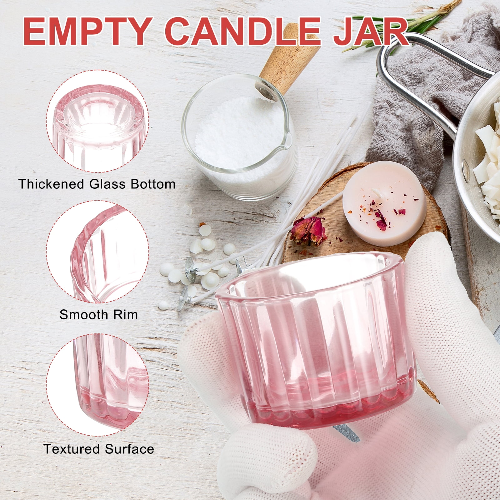 Uxcell Glass Empty Candle Jars, 4 Pcs Ribbed Candle Containers for Candle Making, DIY Gifts, Home Decor, Storage, Pink