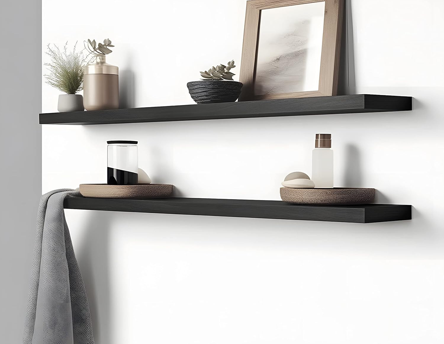 48 Inch Rustic Farmhouse Floating Shelves for Wall Decor Storage Wood Wooden Wall Shelves for Bedroom Bathroom Kitchen Living Room - Black Set of 4
