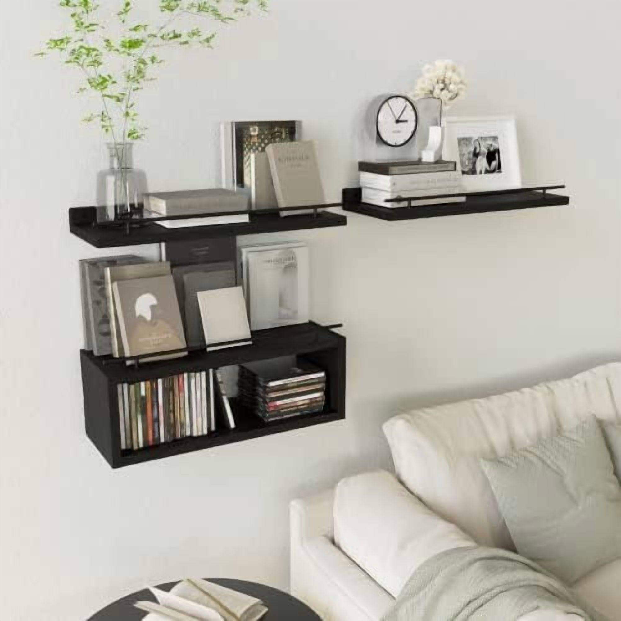 Floating Shelves for Wall with Cube Shelf, Wall Shelves with Metal Rail for Bathroom Decor, Bathroom Organizers and Storage, Over Toilet Shelves for Toilet Paper-Black