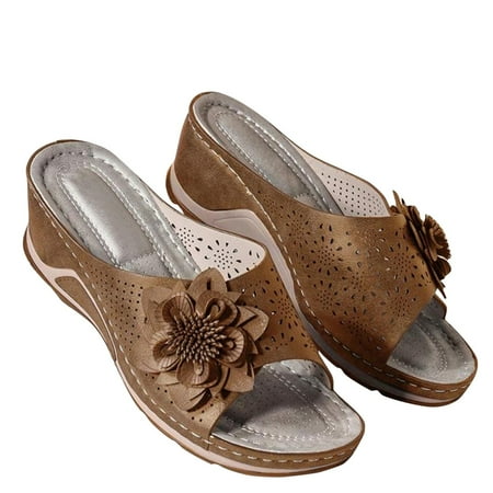 

asdoklhq Womens Shoes Clearance Under $20 Comfy Shoe Open Toe Flat Hollow Flower Wedge Heel Slippers Sandals