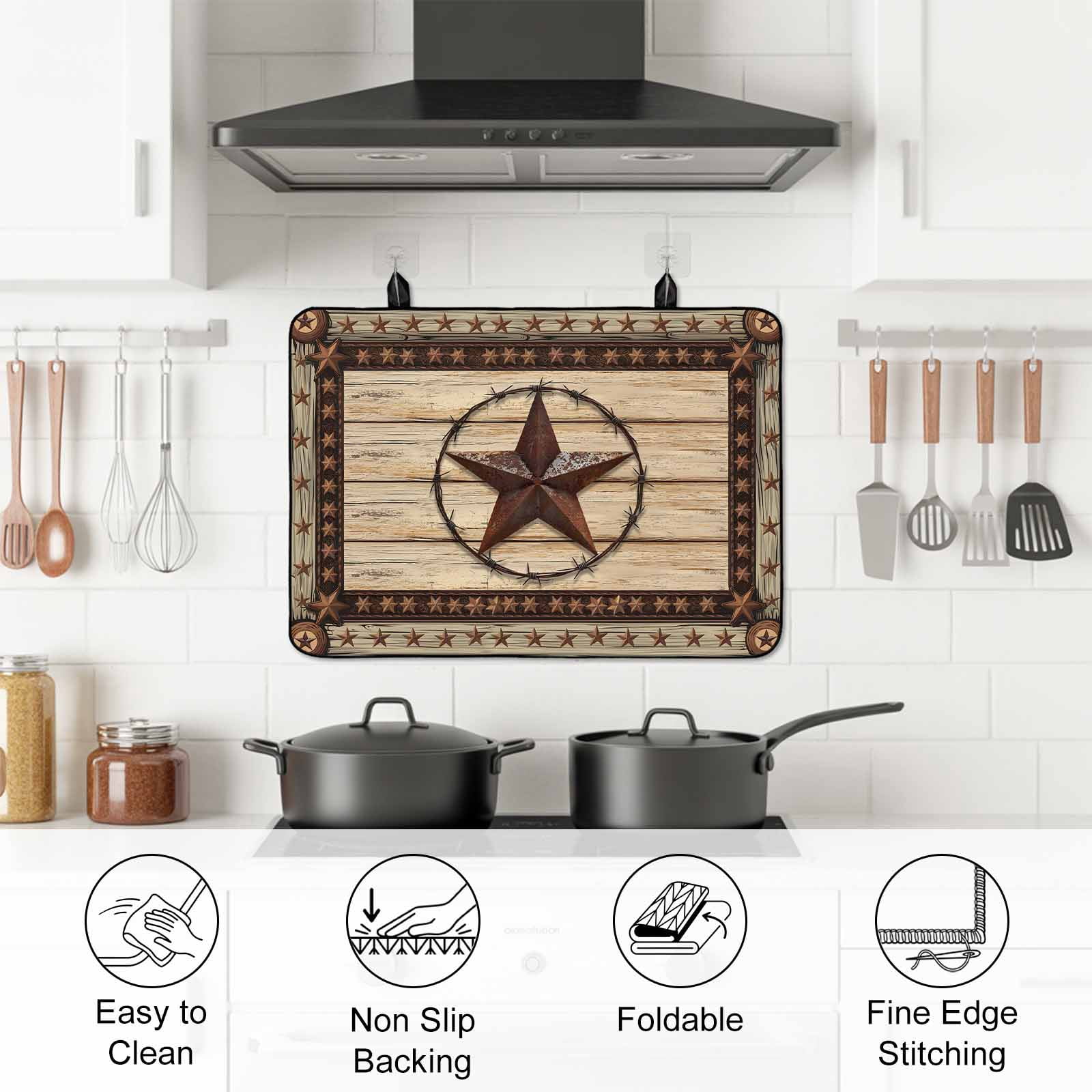 Texas Star Brown Stove Top Cover for Electric Stove, Heat-proof & Non Slip Glass Top Stove Cover Protector, Country Star Rustic Vintage Wooden Kitchen Flat Cooktop Rubber Mat 24x21 Inches