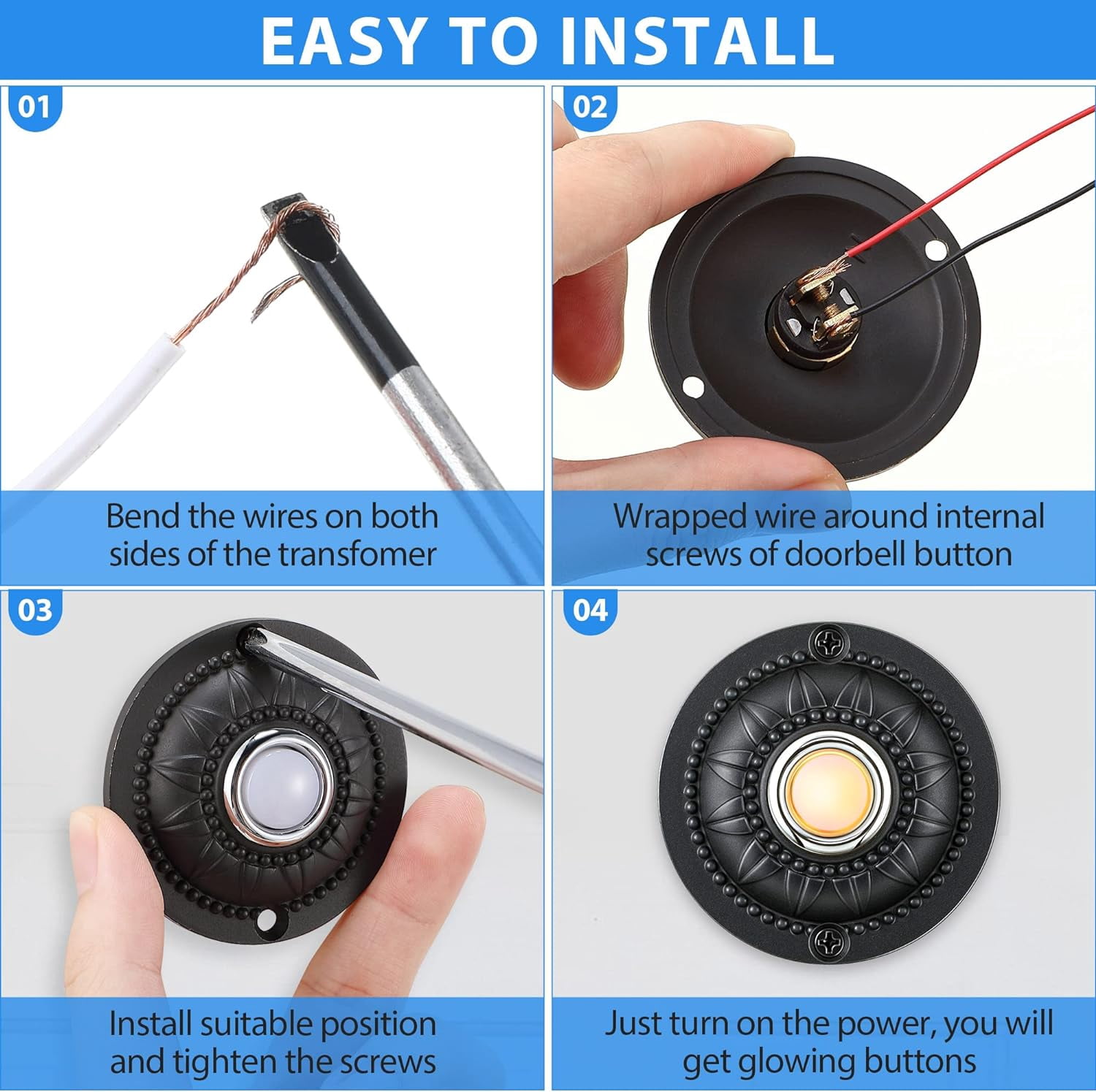 Round Metal Doorbell Push Button, Black Wired Lighted Up LED Doorbell Button Replacement Solid Iron Doorbell for Home Front Door