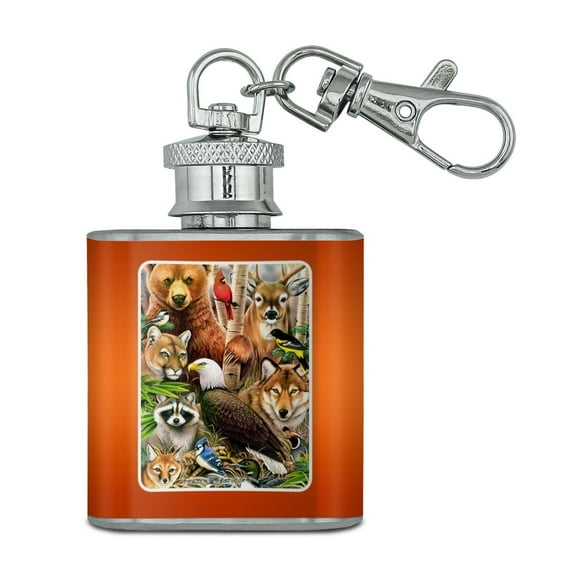 Bear Eagle Cougar Wolf Racoon Deer Animals Stainless Steel 1oz Mini Flask Key Chain