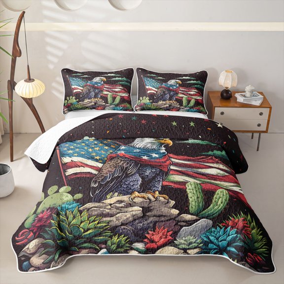 Manfei Bald Eagle Usa Flag Twin Quilt Set,Tropical Botanical Cactus Twin Coverlet Set,Multicolor,2pcs