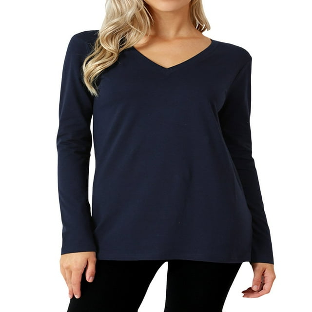 CHUANK Femmes et Grande Taille T-shirt de Base en Coton Coupe Décontractée Col en V Manches Longues Uni Actif Décontracté (S-3X)