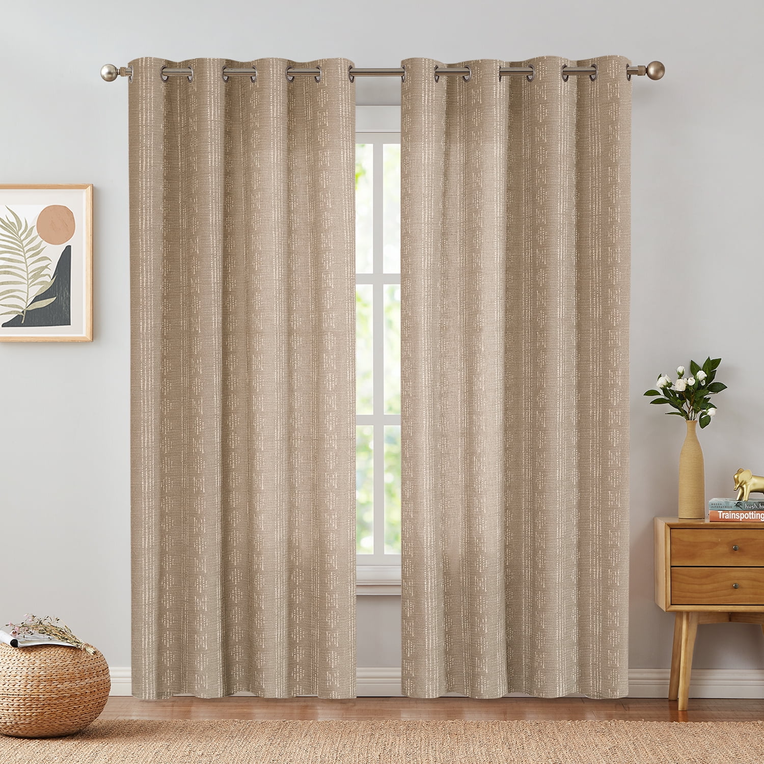Curtainking Linen Blend Curtains Boho Farmhouse Geometric Striped Grommet Curtains for Living Room 96 Inch Pack of 2 Taupe