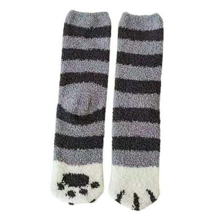 

HGYCPP Women Winter Thick Fuzzy Plush Slipper Socks Kawaii Cartoon Cat Paw 3D Ear Striped Dot Fluffy Floor Sleeping Hosiery