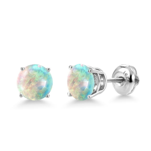 Gem Stone King 14K White Gold White Simulated Opal Screwback Stud Earrings Jewelry for Women Men | 0.60 Cttw | Gemstone Birthstone | Round Cabochon 6MM