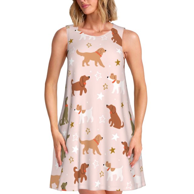 Fotbe Star Cute Dog Vestido de Verano sin Mangas para Mujer – Vestido Midi Línea A, Estilo Camiseta Floral, Vestido Playero Casual y Fluido