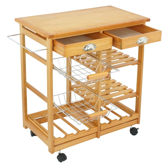 YUONAO Wood Rolling Kitchen Island Cart with Storage, Mobile Serving Trolley with Drawers & Shelves for Home and Restaurant Use
