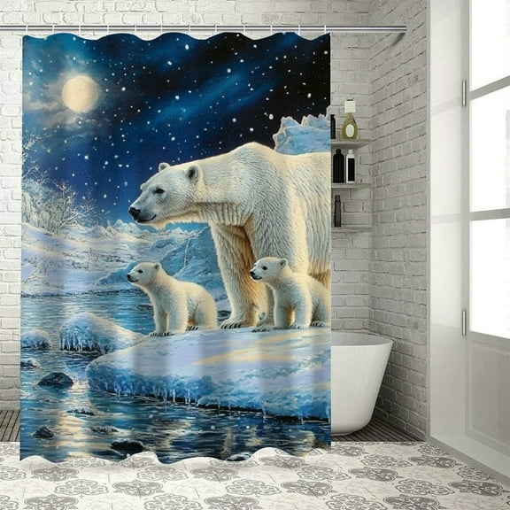 Patifu Polar Bear Cubs Shower Curtain Set with Hooks, 100% Polyester Fabric Bathroom Shower Curtain for Bathroom Decor, Waterproof, Easy to Install, Machine Washable 36"x72