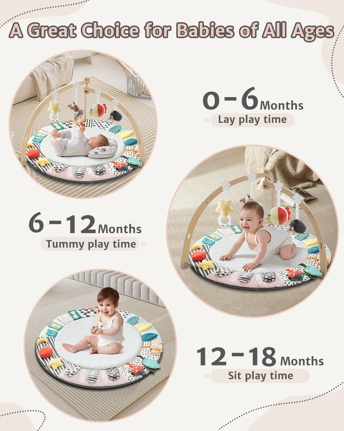 PRVAETU Wooden Baby Gym Play Mat, Foldable Tummy Time Playmat W/ 7 Detachable Toys for Infant Newborn Toddler Motor Skills Sensory Development,Green