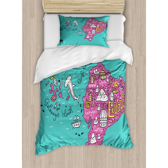 Ecuador Duvet Cover Set Twin Size, Republic of Ecuador Map Colorful Doodle with Main Symbols, Decorative 2 Piece Bedding Set with 1 Pillow Sham, Turquoise Pink Mustard and White, by Ambesonne