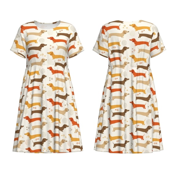 Horeoi Dachshund Print Women's Short Sleeve Dress Breathable Polyester-Spandex All-Over Print A-Line Side Pockets Elastic Waist