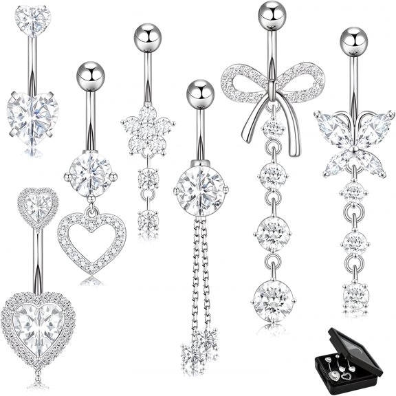 DESIGNICE 14G Belly Button Ring Dangle Belly Button Piercing Surgical Stainless Steel Belly Rings Cute CZ Heart Butterfly Flower Dangling Belly Piercing Jewelry for Women 7Pcs