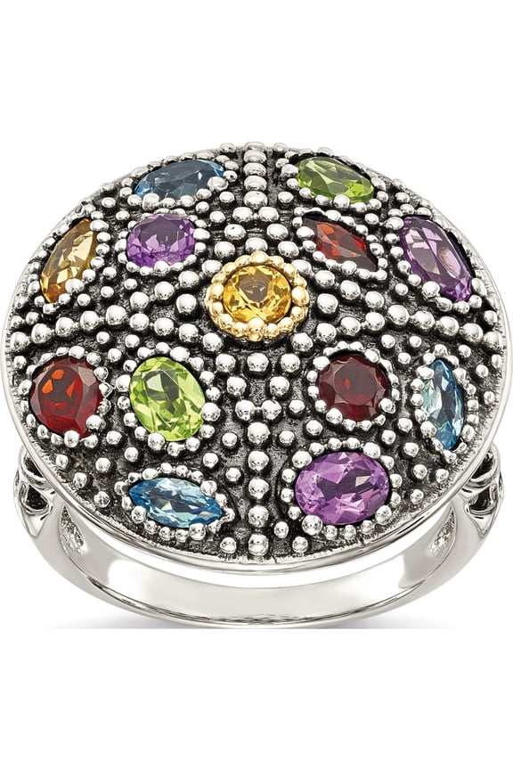 14K/Silver Two-Tone Sterling Silver With 14K Antiqued Multi Gemstone Ring (Size 6) Made In Thailand qtc1156-6