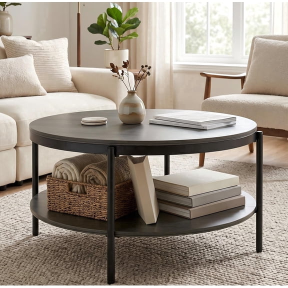 Manxile 2-Tier Round Coffee Table with Open Lower Shelf for Living Room