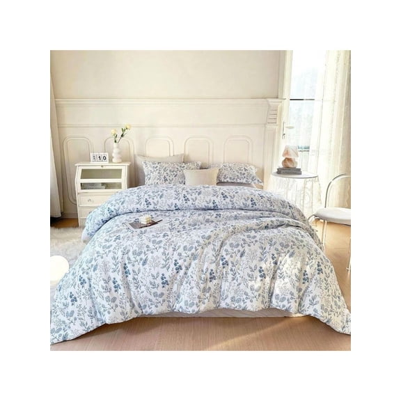 Queen Comforter Set White And Blue Floral Bedding Set For Girls Soft Microfiber Vintage Garden Floral Comforter Set With 2 Pillowcases Botanical Bedding Set For AllSeason