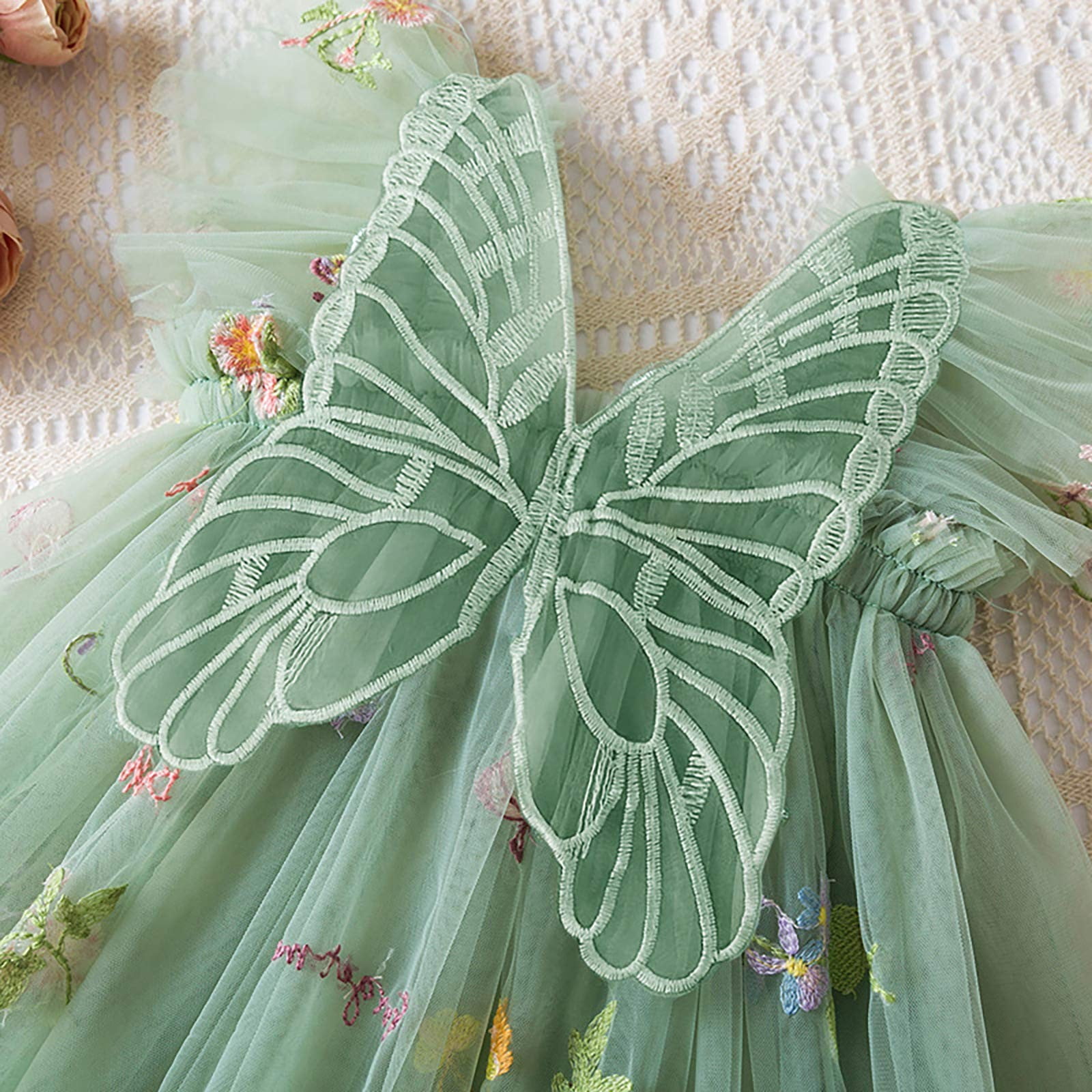Pandaie Baby Girl Tulle Dress Flower Butterfly Wing Embroidery Sleeveless Romper Mesh Tutu Skirt Toddler Princess Birthday Party Dresses 4-5 Years Green