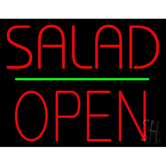 Salad Open Green Line LED Neon Sign 15 x 19 - inches, Clear Edge Cut Acrylic Backing, with Dimmer - Bright and Premium built indoor LED Neon Sign for restaurant window and interior decor.
