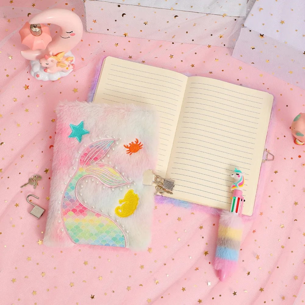 Hzzsbu Plush Mermaid Notebook A5 Mermaid Diary Glitter Journal for Hardcover Notebooks Writing Drawing Embroidery Notepad with Locks and Keys