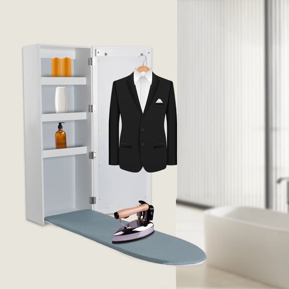 Organizer Wall Mount Ironing Board Cabinet with Storages and Mirror Hide Away