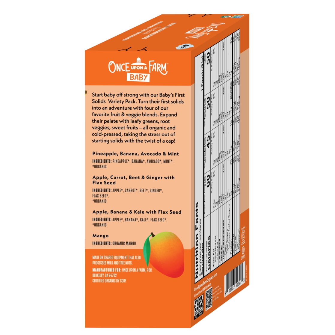 (3 pack) Once Upon a Farm Organic Refrigerated Baby Food Fruit & Veggie Blends Starting Solids Variety Pack, 3.2oz Pouch (4 Pack)