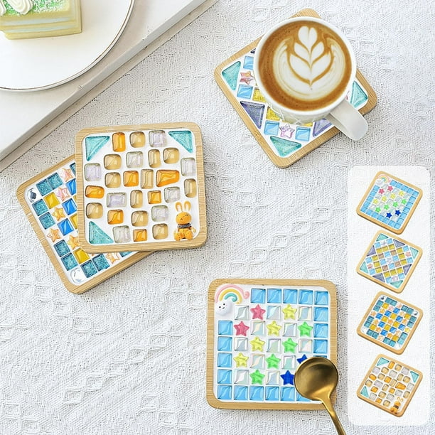 Kit de posavasos de mosaico DIY para adultos y niños - Set de manualidades con azulejos de madera con pegamento y sellador para aliviar el estrés y diversión creativa