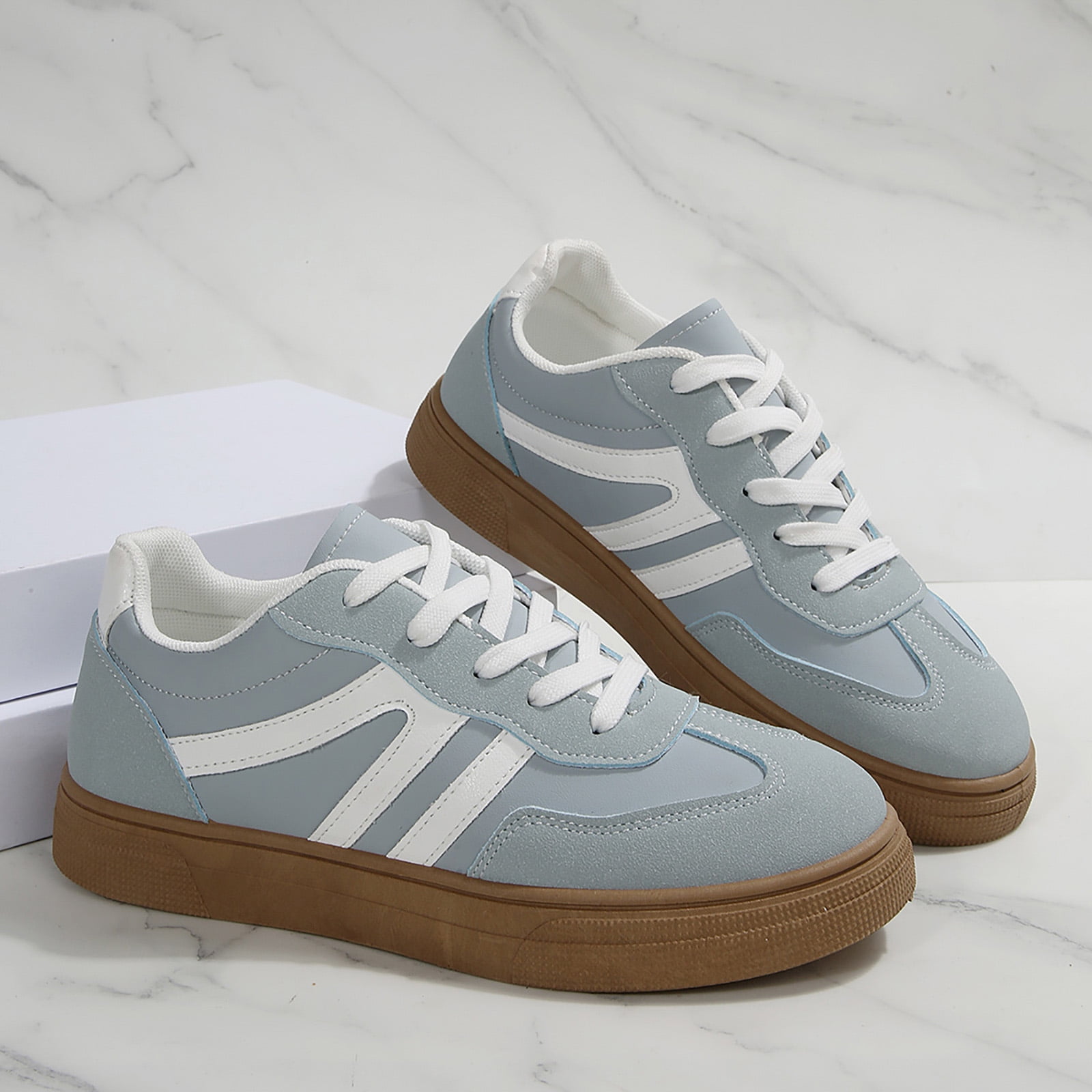 Flat Shoes for Women Vintage Classic Thick Sole Trainers Skate Shoes Splice Suede Lace up Antislip Walking Tennis Shoes Low Top Sneakers Sky Blue Size 9