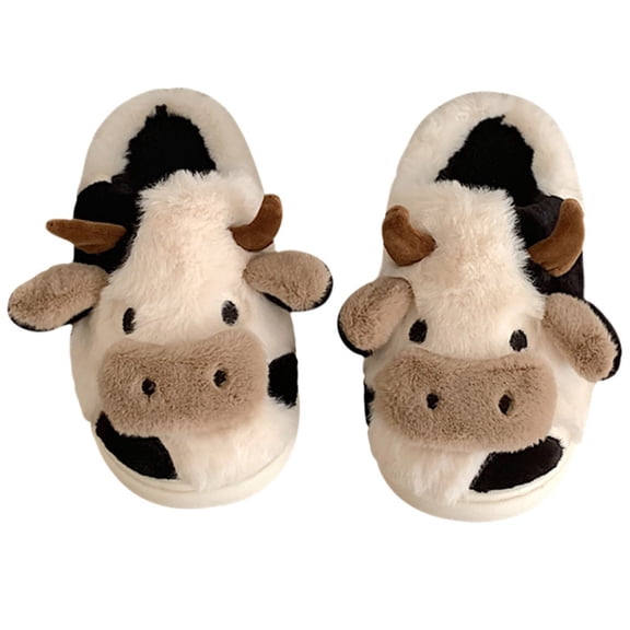 Gyujnb Kids Cotton Slippers Fluffy Plush 3D Cartoon Cow Full Face on Open Back Thick Soft Cushioned Sole Lined Warm Indoor Winter Daily House Footwear,5-5.5 Years