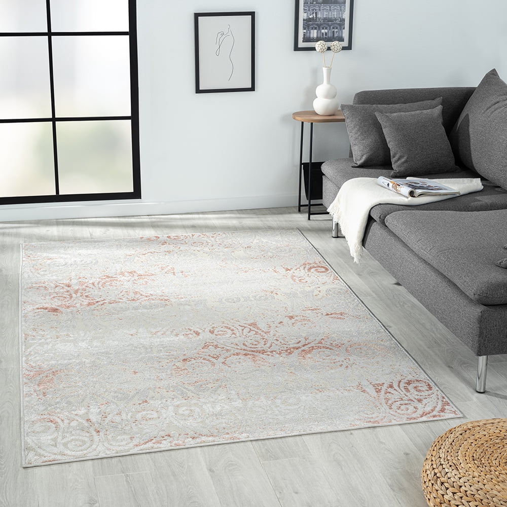LR Home Carmen 7'9" x 9'9" Gray/Pink Floral Stain Resistant Indoor Area Rug